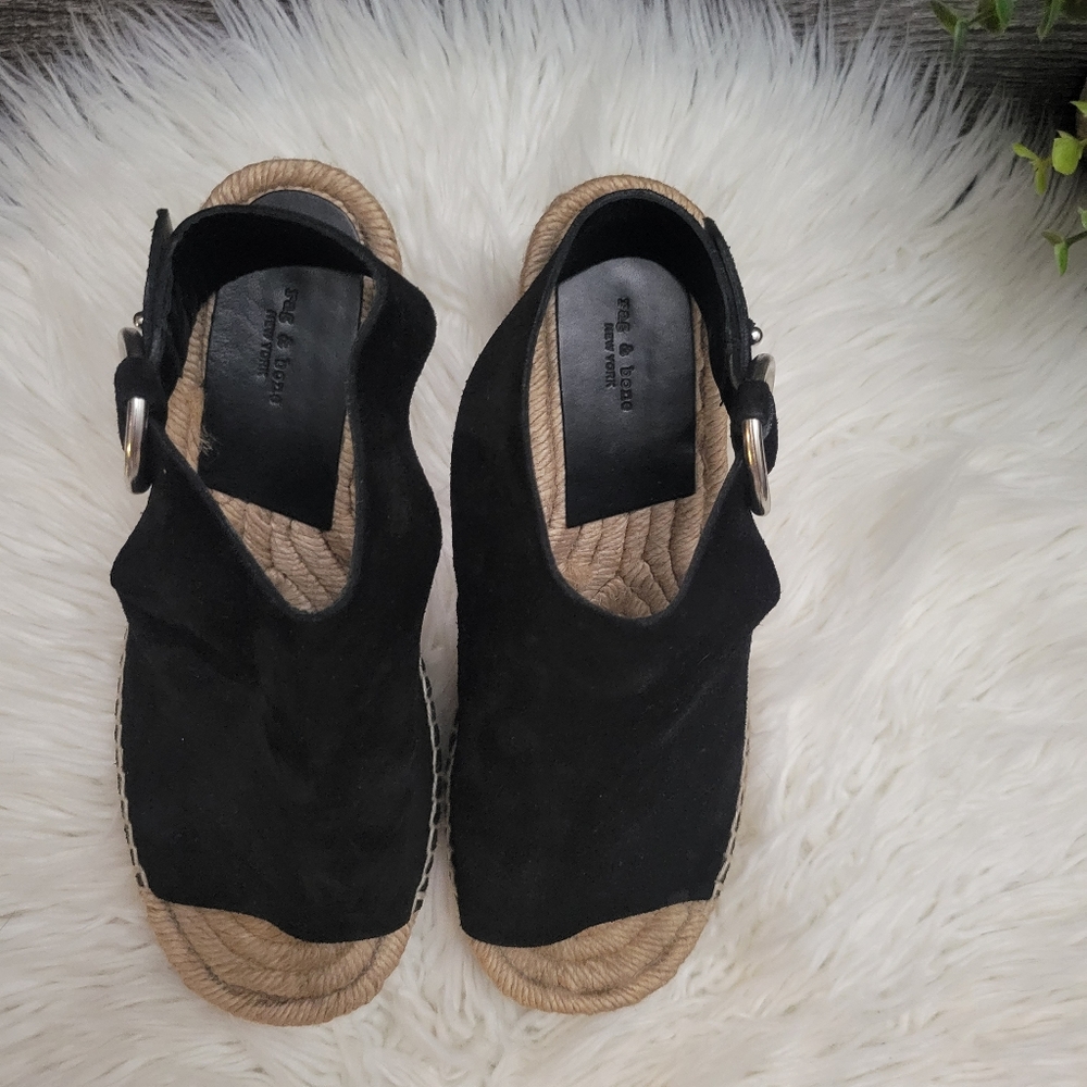 Rag and Bone Calla Wedge Espadrille - black suede Leather Platform Sandal 36.5 - Picture 4 of 11